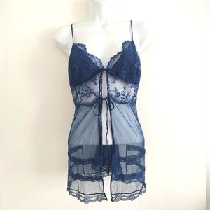 Victoria's Secret Front Ties Navy Lace Sheer Slip Camisole Pajama Cami Top